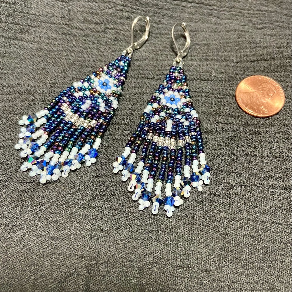 Metallic Blue Fortune Teller Hand Crafted Earrings with Austrian Crystal Beads - Picture 2 of 2